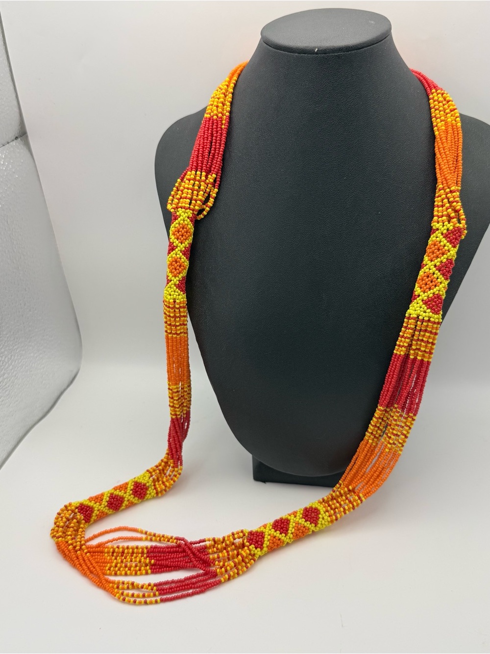 Vintage Multi-Strand Seed Bead Boho Statement Necklace Red, Orange and Yellow